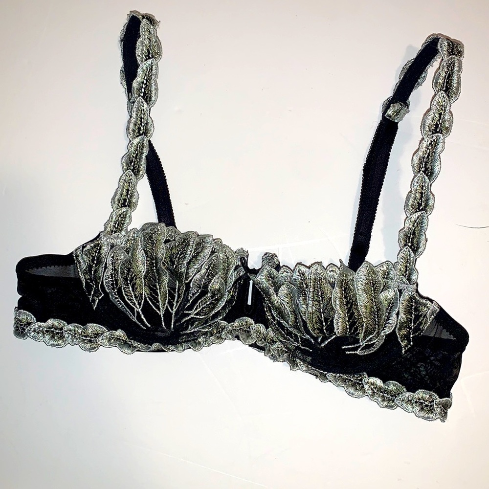 Lise Charmel Demi Bra Vintage 90s Y2K Black Silver Floral Embroidered French 32B